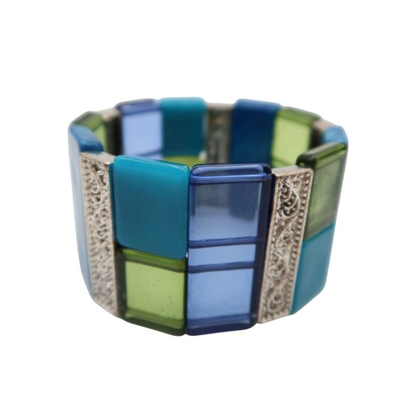 Lucite & Silver Tone Wide Cuff Stretch Bracelet Blue Green Unsigned - Picture 1 of 5